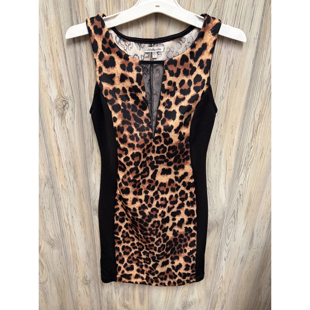 Charlotte Russe Leopard Print Mesh V-Neck Bodycon Mini Dress XS Black Tan